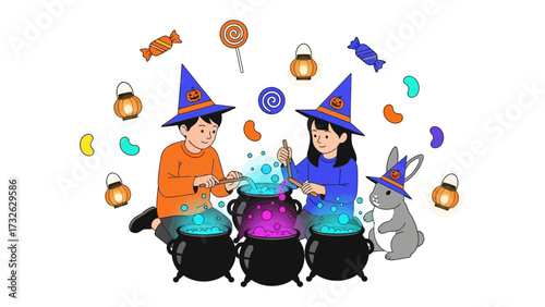 Halloween Magic: A charming illustration captures the spirit of Halloween as two children dressed in witch hats, conjure magical potions in cauldrons, with a bunny companion.