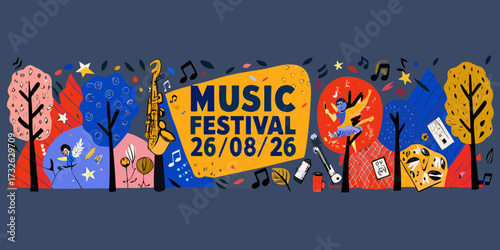 Vibrant music festival announcement with musical instruments and abstract trees
