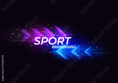 Sport background with speed rush neon glowing arrows blue and pink colors, light trails on dark with acceleration effect