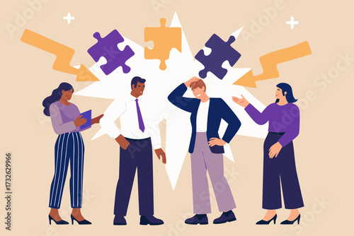 Diverse business team struggling to connect puzzle pieces representing challenges and solutions