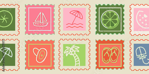 Collection of playful summer themed postage stamps with icons of beach vacation and tropical fruits