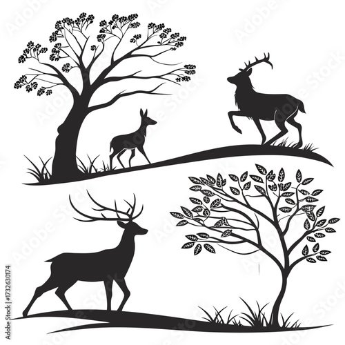 Elegant black silhouette of majestic deer and stylized trees with delicate foliage on a white background