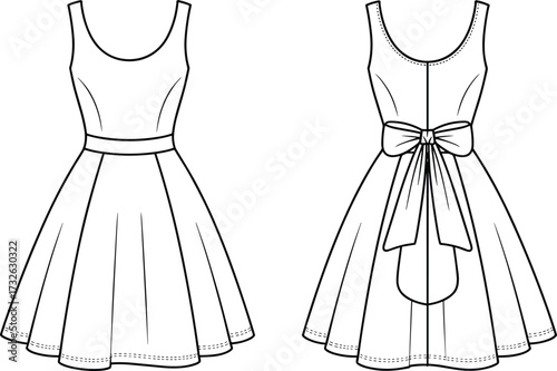 Women’s sleeveless dress fashion illustration, technical flat sketch, front and back view, scoop neckline, waistband, flared skirt, bow detail, garment design