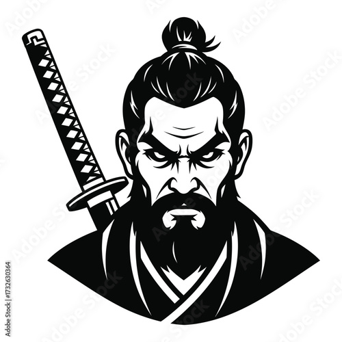 Fierce samurai warrior with katana sword intense gaze determined expression japanese warrior art silhouette