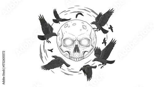Mystical Raven Skull Artwork: A captivating grayscale illustration of a skull encircled by ravens and a glowing moon, set against a dynamic vortex, creating an eerie yet alluring visual.