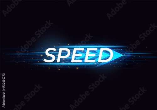 Speed rush arrows blue neon glowing, Speed text on light dynamic arrow on dark, energy flow with acceleration effect