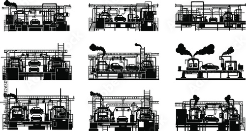 PrintAutomobile factory silhouette, car manufacturing process, industrial production line, automotive assembly plant, vehicle industry, mechanical engineering, automation technology, 