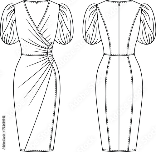 Women’s dress fashion illustration, technical flat sketch, front and back view, V-neckline, puff sleeves, ruched waist, draped detail, tailored silhouette