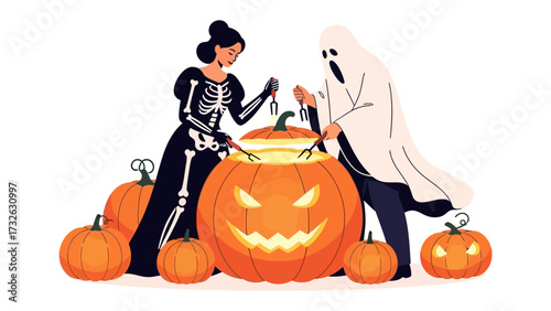 Halloween Carving: In an illustration, a costumed pair crafts a spooky spectacle of a pumpkin and smaller pumpkins, filled with the spirit of the holiday and celebration.