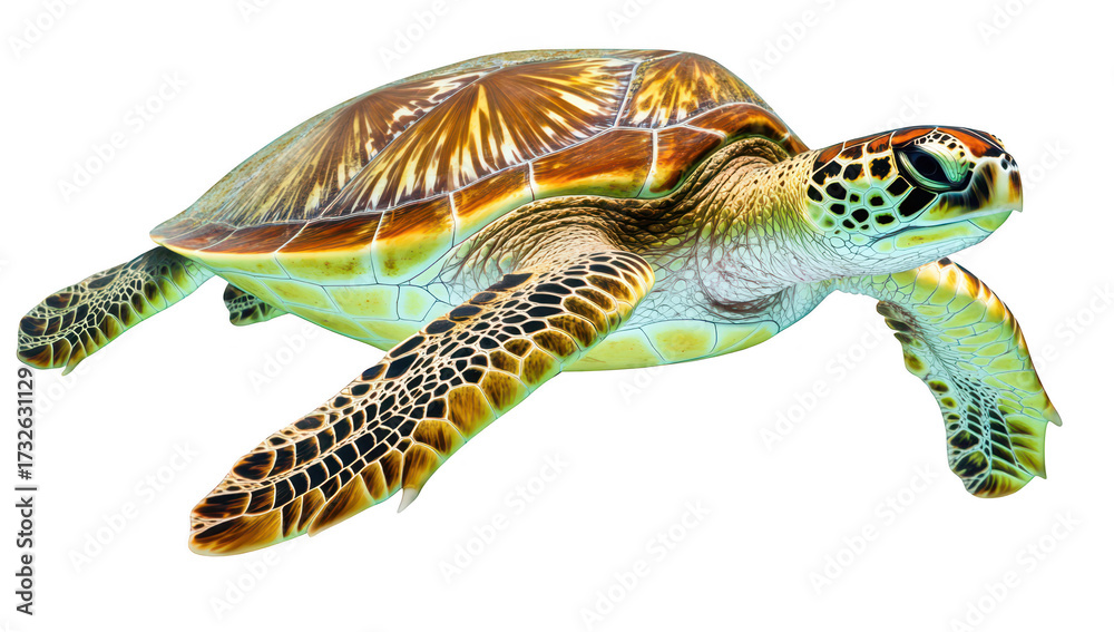 Fototapeta premium A green sea turtle gracefully swimming through crystal-clear waters. its intricate shell patterns and serene movement. with sunlight filtering through the surface above