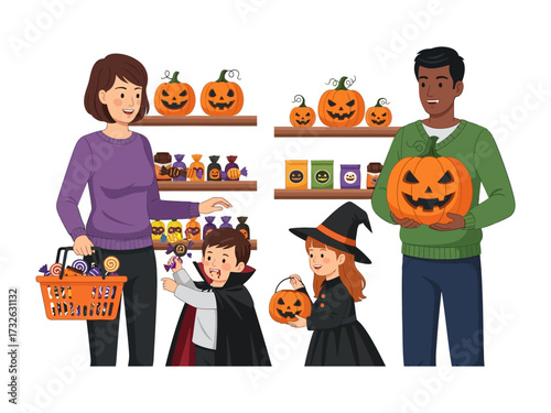 Halloween Family Shopping: A family, adorned in festive attire, navigates a store brimming with Halloween essentials.