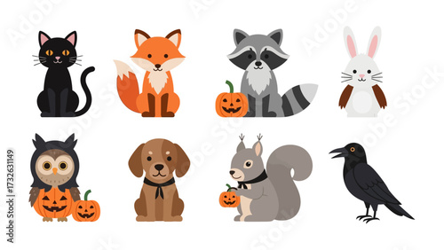 Animal Halloween Crew: A cute cartoon illustration of an array of animals, each with its own pumpkin, creating a whimsical scene for Halloween celebrations.