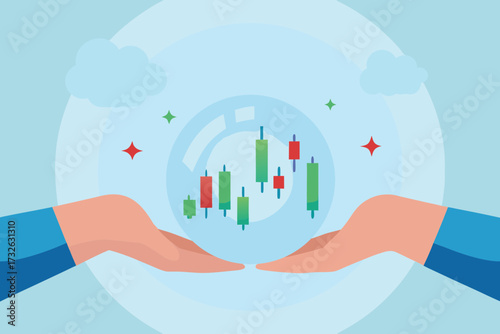 Hands carefully holding a stock market candlestick chart within a protective bubble