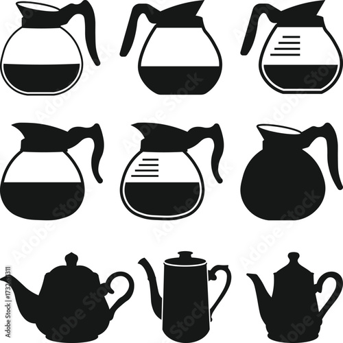 Coffee pots isolated icon Silhouette, tea pots set collection silhouettes, Coffee Makers Kitchen with white Background