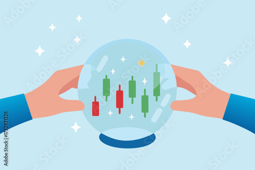 Hands holding a crystal ball showing a stock market candlestick chart with stars
