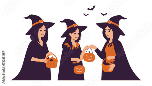 Three Witches with Halloween Treats: Three whimsical witches in traditional attire share treats, casting a spell of spooky cheer for the annual Halloween celebration.