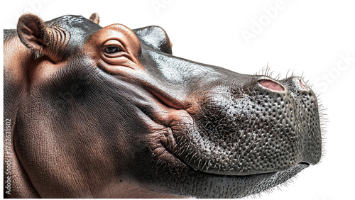 Close up of hippo face with transparent background highlights its textured skin and expressive eyes
