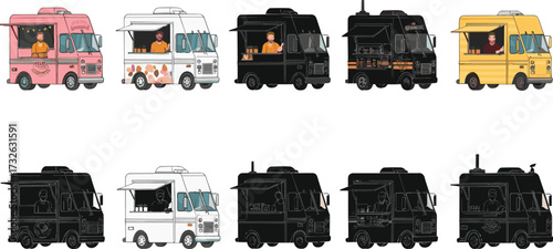 PrintFood truck vector set illustration, street food service, mobile kitchen, chef cooking, restaurant on wheels, outdoor catering, fast food business design