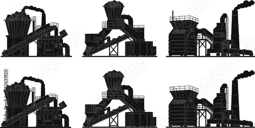 PrintIndustrial recycling plant, scrap metal processing, waste management factory with conveyor belts, heavy machinery, smoke stacks, environmental technology, sustainable production industry