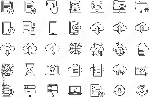 Cloud computing icons, data management symbols, digital communication tools, server database elements, mobile sync, file sharing, UI vector illustration set