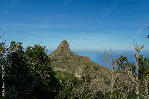 Roque de Taborno peak surrounded by green vegetation, Tenerife island, clear sky