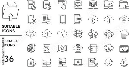 Cloud computing icons, file upload symbols, download graphics, database illustrations, online storage icons, sync signs, server icons, backup symbols, network icons, digital data
