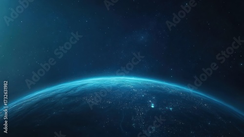 Planet earth in space illuminated with blue light and city lights