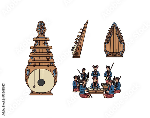 Traditional Burmese harp and ensemble illustration, Myanmar music, cultural heritage