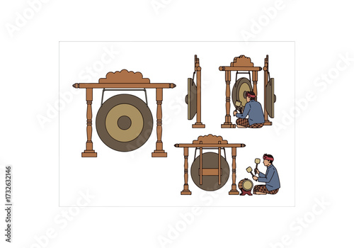 Traditional Javanese Gamelan Gong Set Illustration - Indonesian Culture and Music Instrument