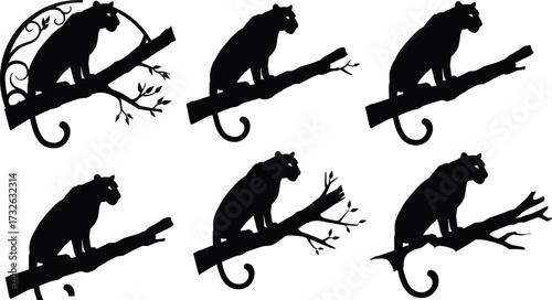 PrintPanther silhouette sitting on tree branch, wild predator animal vector, jungle feline artwork, exotic carnivore resting design, dangerous wildlife illustration graphic