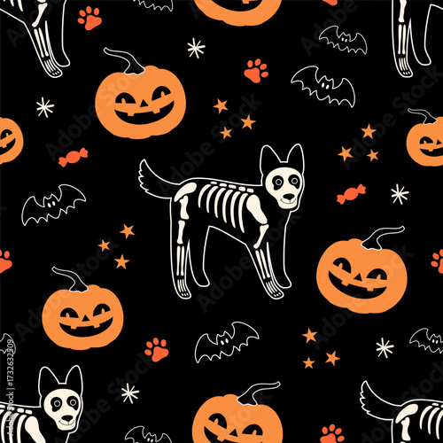 Halloween skeleton dog seamless pattern background vector illustration.