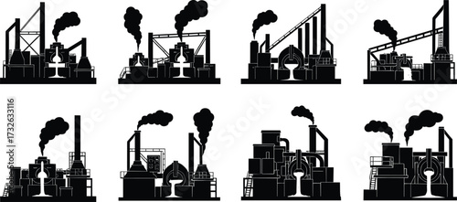 PrintSteel plant silhouette, industrial factory illustration, heavy industry smoke, metal production, blast furnace process, molten iron casting, manufacturing plant, pollution