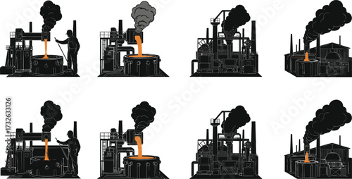 PrintSteel foundry silhouette, molten metal pouring, heavy industry, factory furnace, industrial worker, metallurgy process, iron casting, manufacturing plant, smoke stack, production