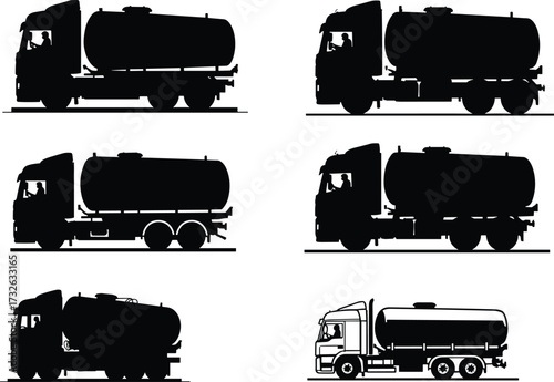 PrintTanker truck silhouette set, fuel transport vehicle vector illustration, oil delivery lorry artwork, heavy truck design, industrial logistics transportation graphic