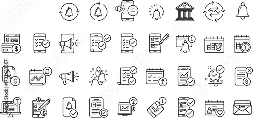 Finance icon set, mobile tools, calendar symbols, notification elements, productivity graphics, business charts, digital interface, vector illustration, UI design