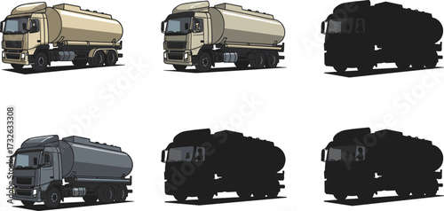 PrintTanker truck vector set, fuel transport lorry illustration, oil delivery vehicle design, cargo shipping truck silhouette, industrial logistics transport artwork
