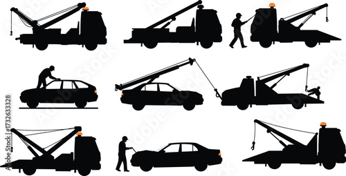PrintTow truck silhouette collection with worker and car, roadside assistance, vehicle towing service, transportation recovery, emergency breakdown support, auto repair