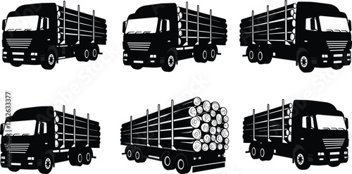 PrintTimber truck silhouette collection, logging transport vehicle illustration, lumber cargo lorry vector, forestry wood delivery truck design, industrial transport artwork