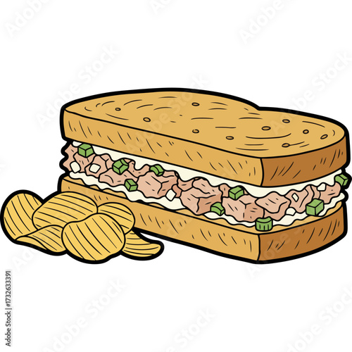 Vector icon of a tuna melt sandwich with chips, suitable for cafe branding, fast food advertising and packaging design. Isolated graphic of a popular and classic American lunch item.