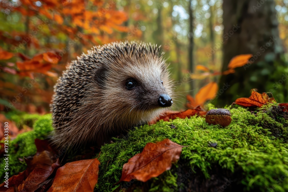 Fototapeta premium Autumn orange leaves with hedgehog. European Hedgehog, Erinaceus europaeus, on a green moss at the forest, photo with wide angle. Hedgehog in dark wood, autumn image.Cute funny animal with ...