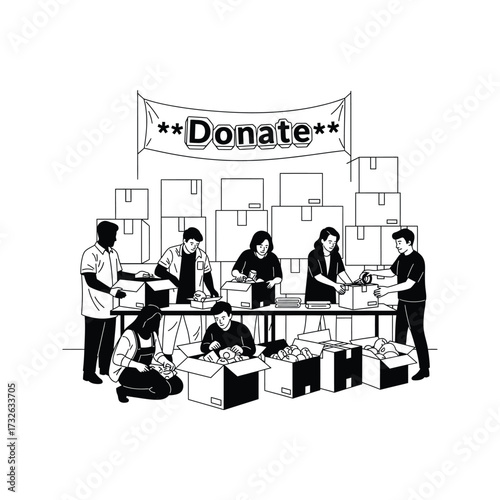 Diverse group of volunteers working together to pack donation boxes for charity