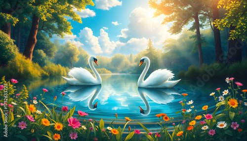 Fototapeta Naklejka Na Ścianę i Meble -  Two swans are swimming in a lake surrounded by a colorful field of flowers