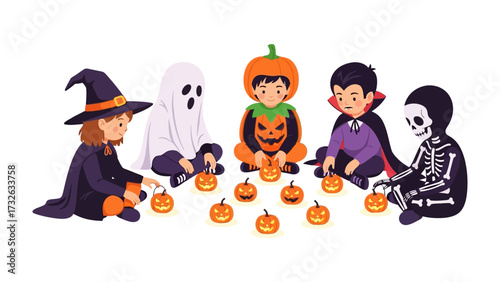 Spooky Gathering: A charming illustration captures five children, each dressed in delightful Halloween costumes, surrounded by lit pumpkins, ready for a night of Trick-or-Treat. 