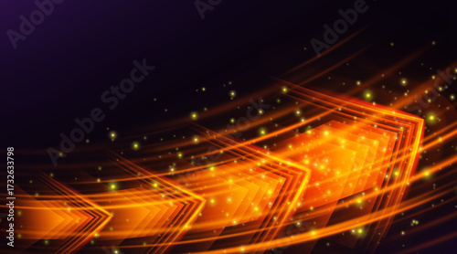 Speed rush arrows orange neon glowing, light dynamic curve trails on dark, energy flow acceleration effect background