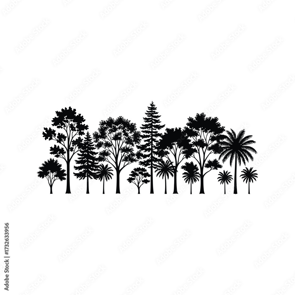 Obraz premium Diverse silhouettes of various trees including palm trees and conifers against white background