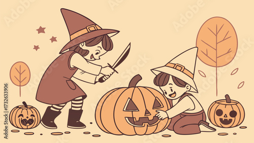 Children Carving Halloween Pumpkins Together pumpkin carving