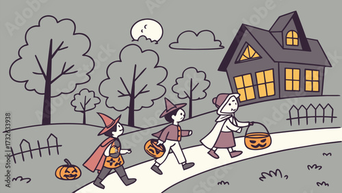 Children in Halloween costumes trick or treating at a house