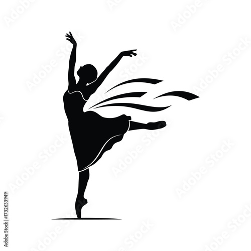 Elegant black silhouette of a ballerina in mid pose with flowing dress and arms raised