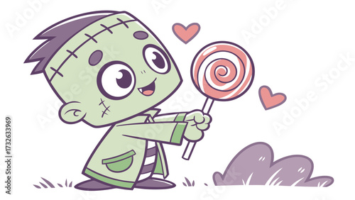 Cute Frankenstein Holding a Swirl Lollipop smiling