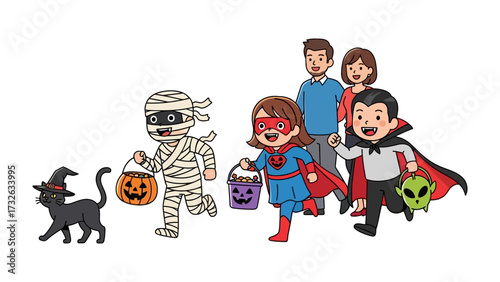 Halloween Family Celebration: A joyful family dressed in festive Halloween costumes happily trick-or-treating together, embodying the playful spirit of the season.